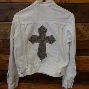 One-of-a-Kind paperdenim&cloth White Moto Jean Jacket w/ Custom Vintage Cross